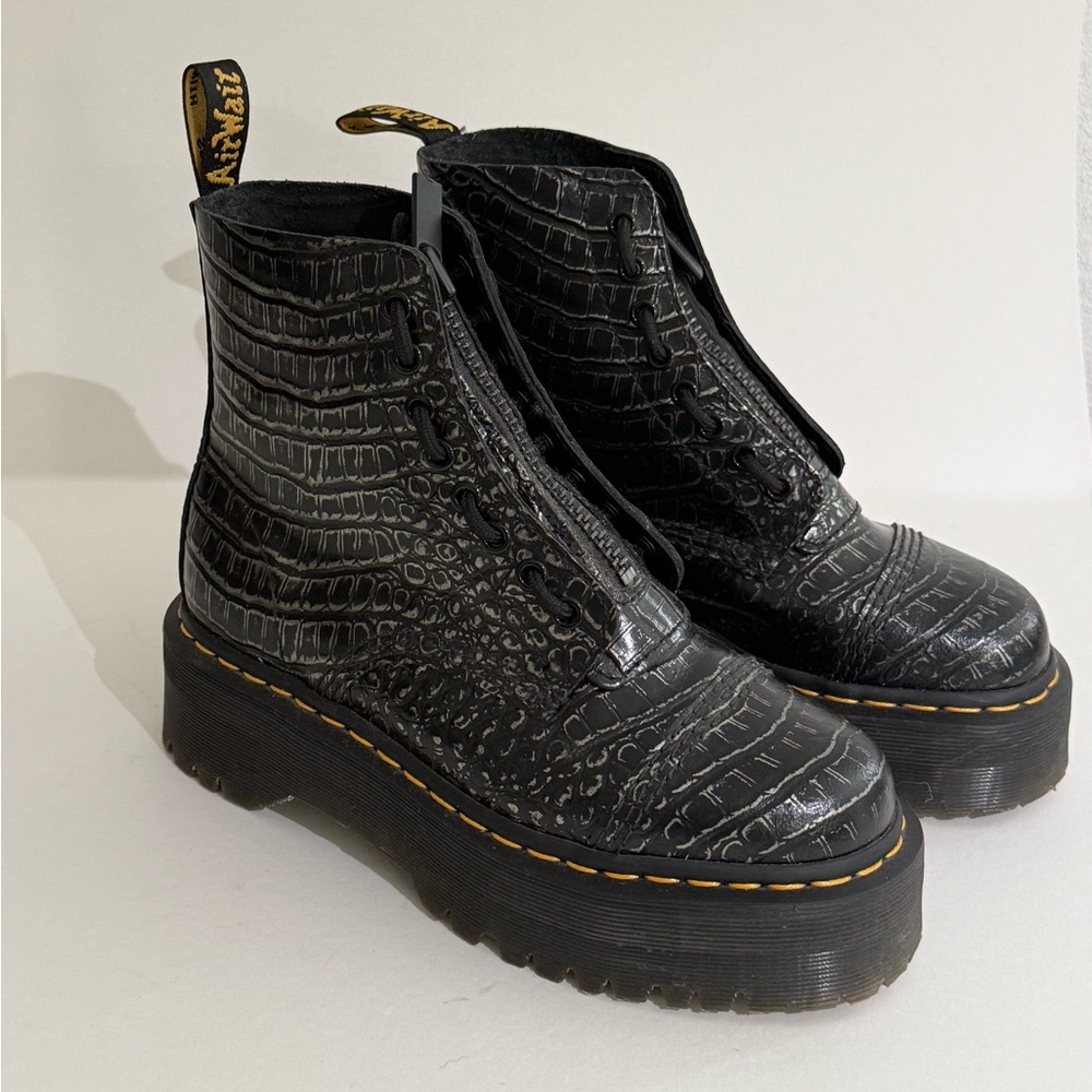 Dr. Martens Black Croc-Textured Combat Boots